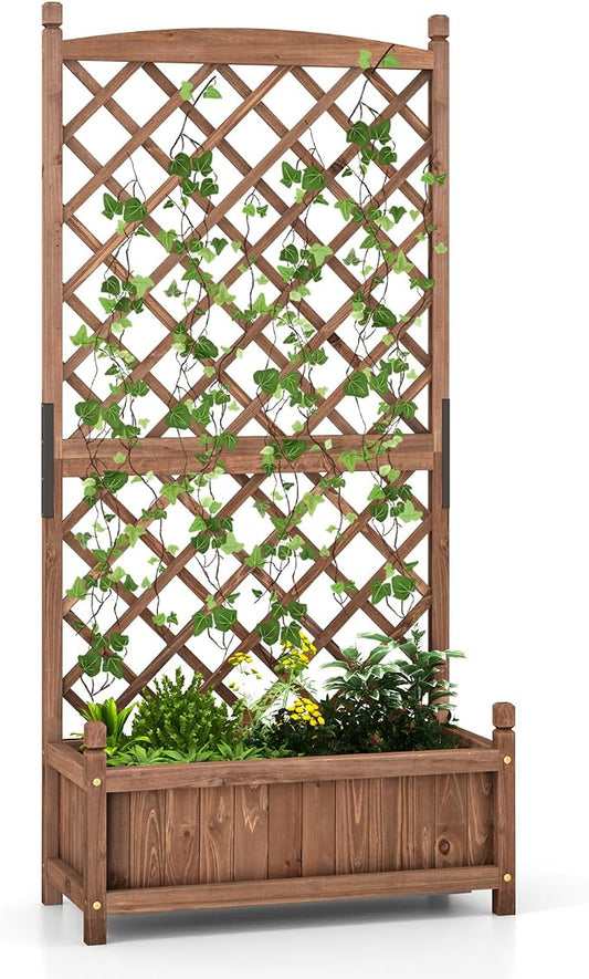 HAPPYGRILL Raised Garden Bed with Trellis, Large Planting Box with Drainage Holes, 60” Wooden Garden Planter w/Diamond Lattice Trellis for Climbing Plants, Outdoor Planter Box for Patio Balcony (1)