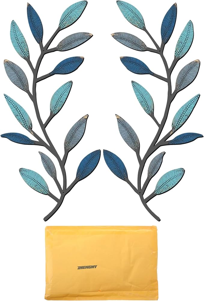 Zhengmy 2 Pieces Metal Tree Leaf Wall Decor Vine Olive Branch Leaf Wall Art Living Room, Hallway Wall Decor Outdoor Decoration(Vintage Blue)