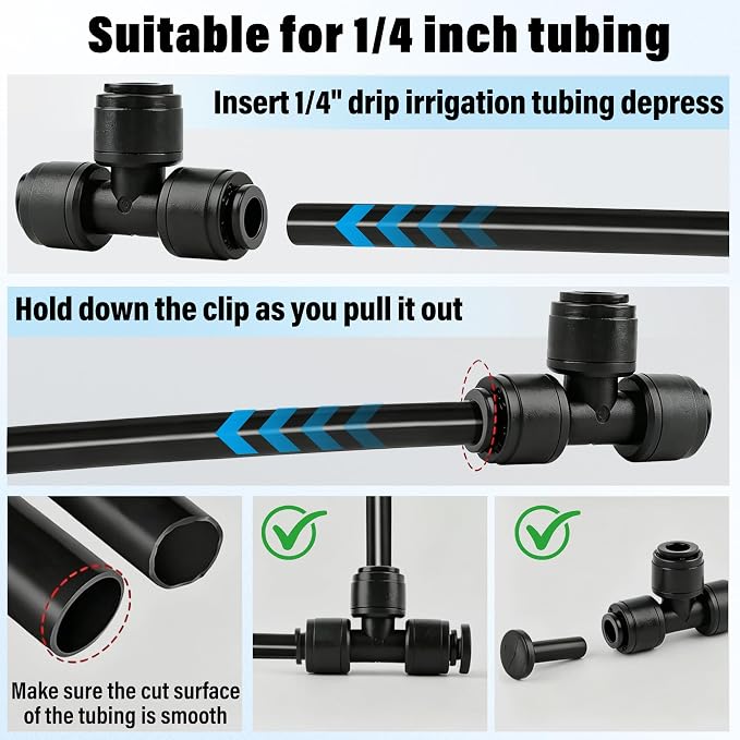 44 Pcs 1/4" Quick Connect Drip Irrigation Fittings Kit for for Gardens | with 4 Shut Off Valve,10 Tees,10 Couplings,10 Elbows & 10 End Plugs,for Garden Irrigation Systems