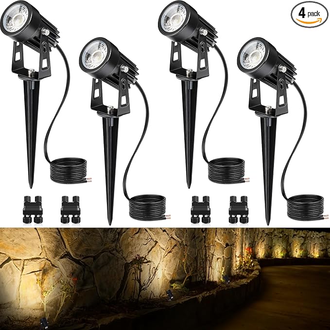 SUNVIE 3W Low Voltage Landscape Lighting LED Landscape Spotlights with Connectors Waterproof Low Voltage Landscape Lights 3000K Warm White Uplights Outdoor Spot Lights for Yard Garden House, 4 Pack | Waterproof 12-24V Low Voltage Landscape Light 300LM ...