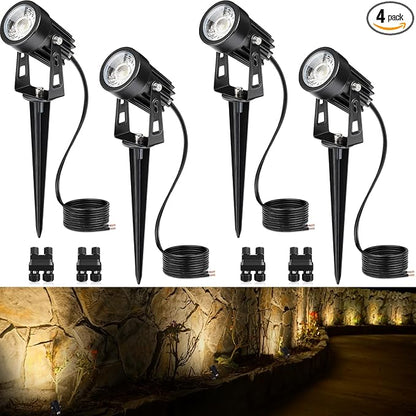 SUNVIE 3W Low Voltage Landscape Lighting LED Landscape Spotlights with Connectors Waterproof Low Voltage Landscape Lights 3000K Warm White Uplights Outdoor Spot Lights for Yard Garden House, 4 Pack | Waterproof 12-24V Low Voltage Landscape Light 300LM ...