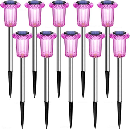 Solar Pathway Lights Gift for Mom 10 Pack Pink Solar Lights Outdoor Waterproof Yard Lighting, LED Stainless Steel Stake for Garden Outside Landscape Lawn Driveway Walkway Path