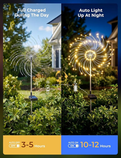 Brightown 4 Pack Garden Decor Solar Lights Outdoor Decorative,150LED Firework Lights for Outside,8 Modes Solar Powered Stake Fairy Light for Yard Pathway Flowerbed Patio Christmas Decor,Warm White