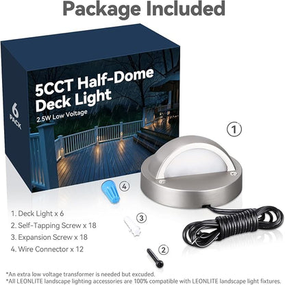 LEONLITE 6-Pack 5CCT 3.74inch Low Voltage LED Deck Lights, Satin Nickel | 180LM, 12-24V AC/DC, CRI90, UL Listed, Die-cast Aluminum Housing, Frosted Glass Lens, 1800K/2700K/3000K/4000K/5000K