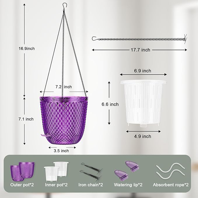 QCQHDU Hanging Planters for Indoor Plants, 2-Pack, 7.2 Inch, Purple | Plastic, Self Watering Plant Hanger, with Drainage Holes, 3 Hooks Chains, For Garden Home