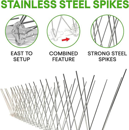 Bird Spikes - Pigeon Spikes - Bird Deterrent Spikes - Stainless Steel - Pigeon & Seagull Defense - Easy Setup - Keeps Birds Under Control - Covers 10 feet
