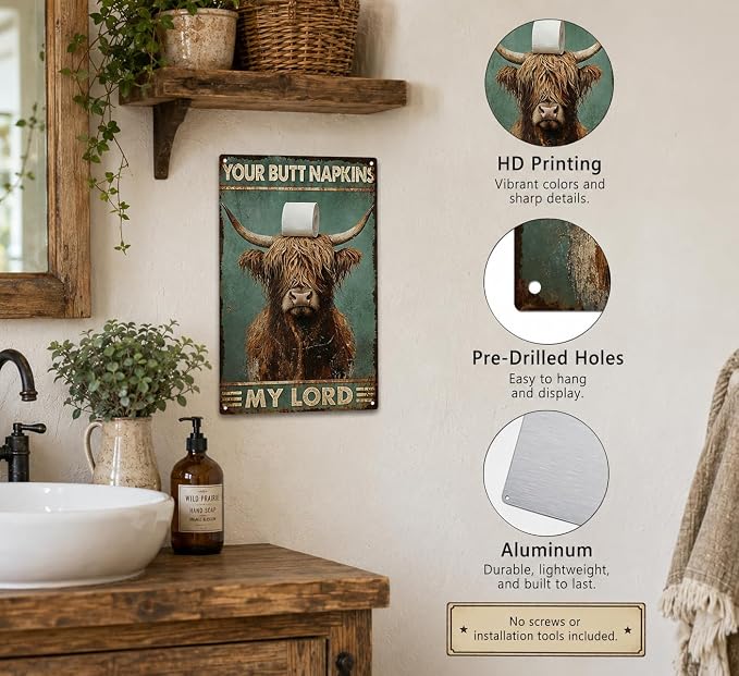 Funny Highland Cow Metal Sign, Vintage Bathroom Humor Wall Decor, Your Butt Napkins My Lord Retro Plaque for Toilet Restroom Farmhouse Home Decor 8x12 Inch