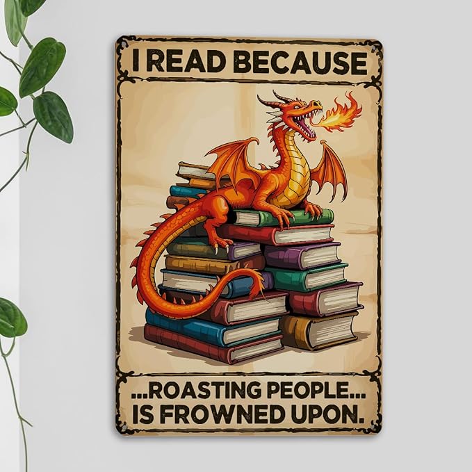 mmiishe Retro Dragon Wall Art Vintage Metal Sign Dragon Gifts for Women Men Book Lovers Funny Wall Decor For Bedroom Cafe Library 8x12 Inches Birthday Anniversary Decoration Retro