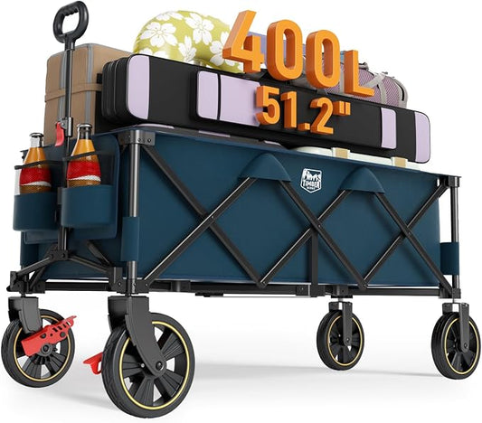 Timber Ridge 51.2'' Extended Collapsible Wagons Carts Foldable, 500LBS Heavy Duty Sports Wagon with Adjustable Handle, 400L Capacity Portable Cart for Camping Shopping