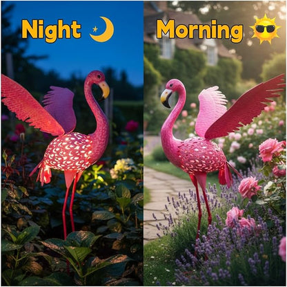 43" Metal Flamingo Garden Sculptures with Solar Light, Pink Flamingo Yard Art - Large Outdoor Lawn Ornaments & Decor for Patio, Backyard, Garden