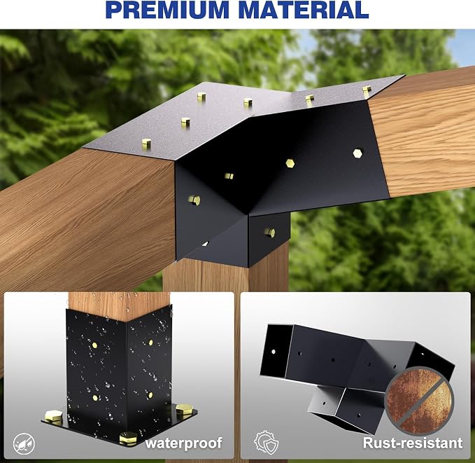 Pergola Kit, Slanted Roof Pergola Bracket, 3-Way Brackets with Post Base Kit, Log Cabin Outdoor 4"x 4" (Actual 3.5" X 3.5") Lumber