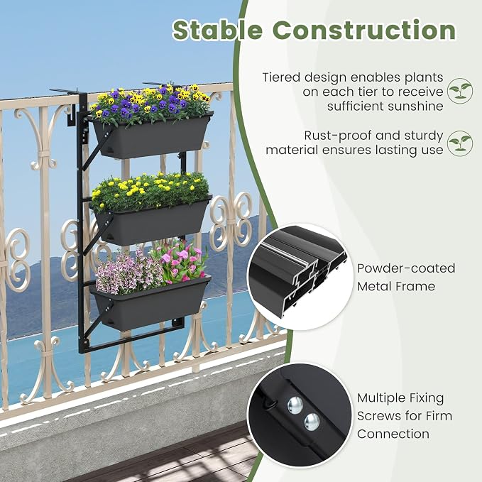 Giantex Set of 2 Vertical Raised Garden Bed, Hanging & Wall-Mounted Planter Garden Boxes, Adjustable Shelf & Detachable Hooks, 3-Tier Railing Raised Beds for Flower Strawberry Vegetable