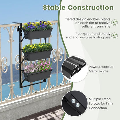 Giantex Vertical Raised Garden Bed, Hanging & Wall-Mounted Planter Garden Boxes, Adjustable Shelf & Detachable Hooks, 3-Tier Railing Raised Beds for Flower Strawberry Vegetable