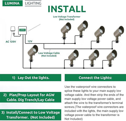 Lumina Lighting® 4W Landscape Lighting 12V Landscape Lights Low Voltage Landscape Spotlights Warm White Waterproof Outdoor Replaceable LED Bulb for Garden, Lawn, Porch, Patio and Yard(Bronze, 2-Pack)