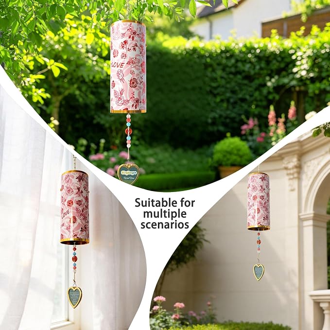 Rose Love Outdoor Wind Chimes, 17-in Romantic Floral Hand-Tuned Deep Resonance Wind Bell, Rust-Proof Windbell for Patio Porch Garden Decor, Valentine's Day Anniversary Wedding Gift for Her