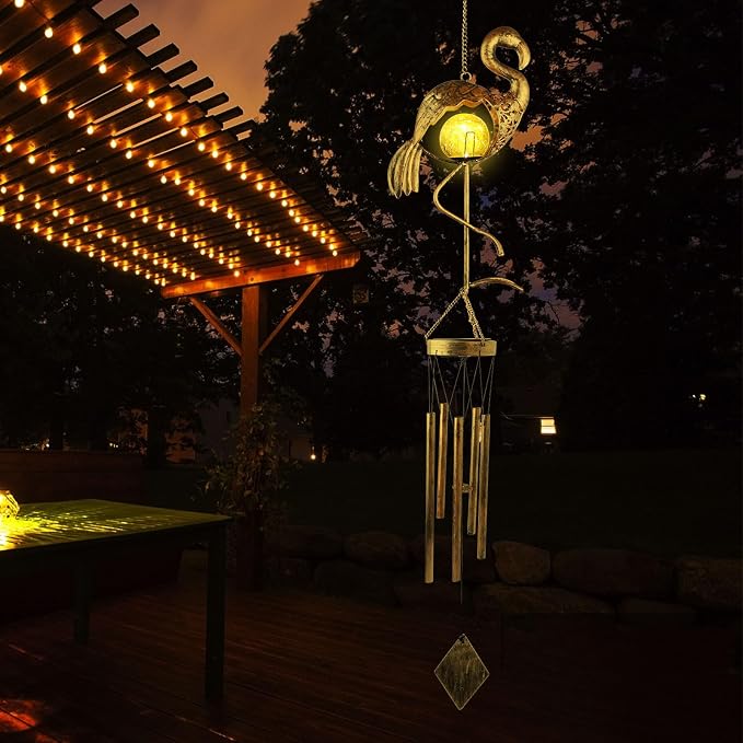 Flamingo Solar Wind Chimes for Outside Gifts for Women Mom Grandma Sister Crackle Glass Ball Flamingo Wind Chimes Solar Lights Outdoor Decor for Garden Backyard Patio Yard Porch, Birthday Gifts