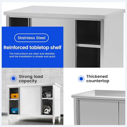 Hally Stainless Steel Cabinet, 24" x 60" NSF Commercial Heavy Duty Prep Workbench with Two Sliding Doors, Large Storage Cabinet, Metal Table for Kitchen, Restaurant, Garage