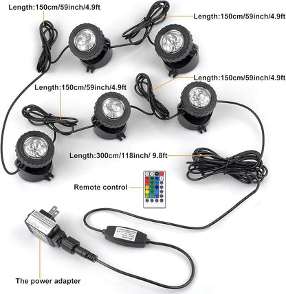 RGB Pond Lights with Timer, LED Underwater Submersible Colorful Landscape Spotlights, 98ft Remote Control IP68 Waterproof Fountain Lights for Fish Aquarium Tank Garden Yard Pool (Set of 8)