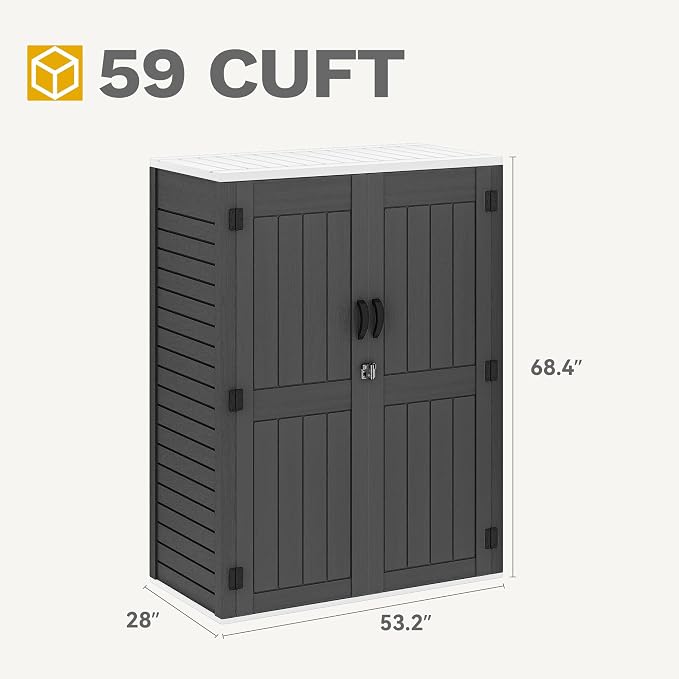 DWVO 59 Cu. Ft. Vertical Storage Shed, Weatherproof Outdoor Tall Cabinet with Double-Wall Panels and Floor, Lockable Resin Shed for Garden, Garage, Patio, Dark Gray (Shelves Not Included)