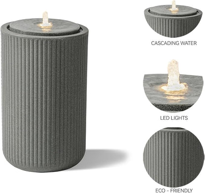 23.22” H Outdoor Water Fountain Made with Eco-Friendly Recyclable Materials, Polyethylene Round Bubbler Water Fountain Outdoor, Garden Decor with LED Light for Patio, Porch, Backyard