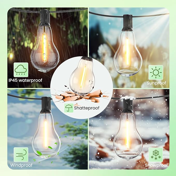 Outdoor String Lights 400FT(4x100) Patio Lights with 212 (12 Spare) Shatterproof Bulbs, String Lights for outside Waterproof hanging for Party,Wedding,Yard, Porch, Bistro, 2200K, Black cord
