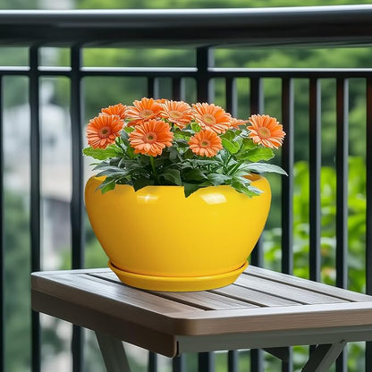 Ceramicfor Indoor Planter 11 Inch - Decorative Mid-Century Large Ceramic Plant Pot for Outdoor Plants with Drainage Hole and Saucer, Home Balcony House Garden Patio Office Room Decor, Yellow