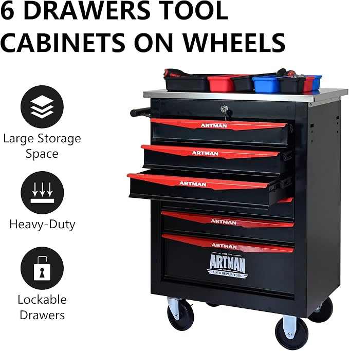 KEIKI 6 Drawers Tool Cart on Wheels,Multifunctional Rolling Tool Chest Tool Storage,Drawers Rolling Tool Trolley Organizer Tool Case for Garage, Warehouse, Workshop, Repair Shop (Black)