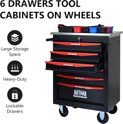 KEIKI 6 Drawers Tool Cart on Wheels,Multifunctional Rolling Tool Chest Tool Storage,Drawers Rolling Tool Trolley Organizer Tool Case for Garage, Warehouse, Workshop, Repair Shop (Black)