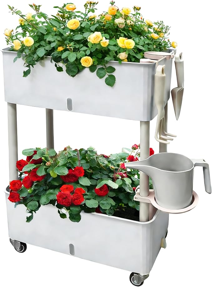 Self-Watering Raised Planter Box with Lockable Wheels,2-Tier Elevated Garden Bed with Visible Water Level Window,Indoor Outdoor Plastic Plant Box for Flowers,Vegetables & Herbs