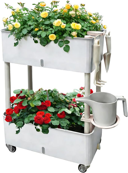 Self-Watering Raised Planter Box with Lockable Wheels,2-Tier Elevated Garden Bed with Visible Water Level Window,Indoor Outdoor Plastic Plant Box for Flowers,Vegetables & Herbs