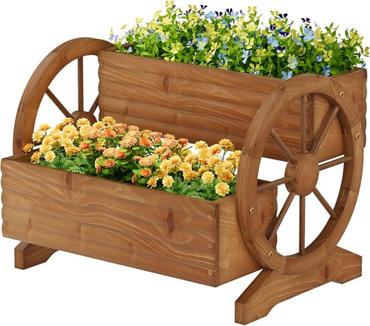 Wooden Wagon Planter with Wheels, Brown, Large | Flower Pots Outdoor Flower Cart, For Patio Balcony Decoration, Succulent Flower Pot, Indoor Backyard Yard Decor