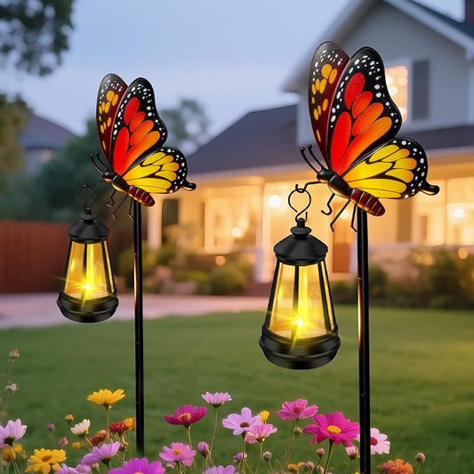 Solar Lights Outdoor Waterproof 2 Packs Butterfly Garden Decor Stakes,32.28in Garden Butterfly with Solar Lights,Birthday Gifts for Women Mom,Metal Decorative Lights for Yard Art Patio Porch Lawn