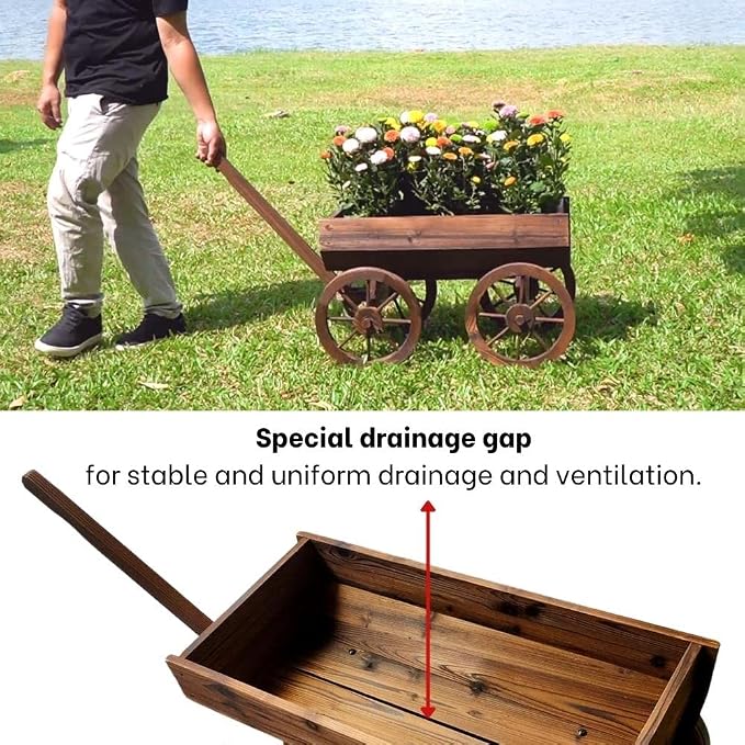 Wood Wagon Planter for Outdoor Balcony Decor - Garden Rustic Wooden Flower Cart with Wheels for Outside - Garden Decor - Amish Decorative Indoor - Wheelbarrow Planter for Patio