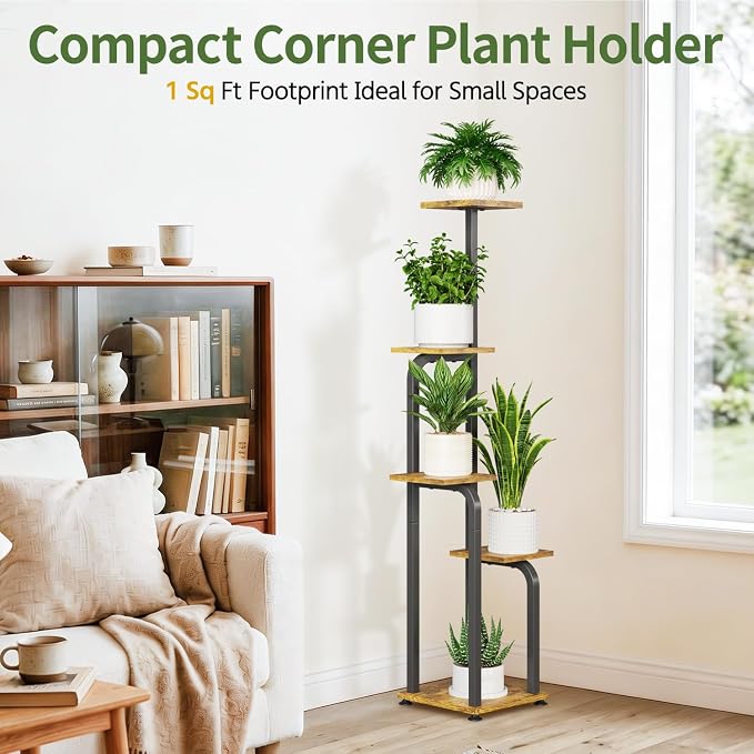 LASZOLA 5 Tiered Plant Stand Tall for Indoor Corner, Modern Multiple Flower Display Rack with Wooden Tray, Vertical Planter Shelf for Living Room Bedroom Patio Garden Balcony, Black Brown