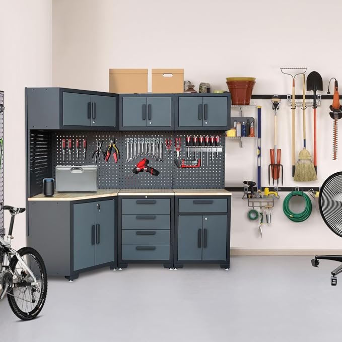 Garage Storage Cabinet System 8-Pcs Garage Cabinets and Storage System Corner Workshop Set with Corner Cabinet, Cabinet Drawers, Workbench, Pegboard for Tool Organization, Black and Grey