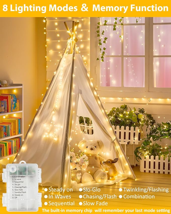 2 Pack 200 LED Fairy Lights Battery Operated with Remote, 8 Modes String Lights Indoor Outdoor, Cuttable Battery Light for Home Bedroom Wedding DIY Centerpiece Christmas Decorations (Warm White)