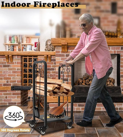 2-Tier Fireplace Firewood Rack Holder for Indoor Outdoor, Small Fire Wood Holder Log Storage Stacker Stand for Patio, Black(With Wheels)
