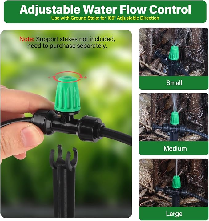 Kalolary 30Pcs Push-to-Fit Drip Irrigation Spray Emitters for 1/4" Tubing,Three-Way Adjustable Atomizing Nozzle Micro Irrigation Dripper Sprinklers with 6PCS End Plugs for Irrigation System(Green)