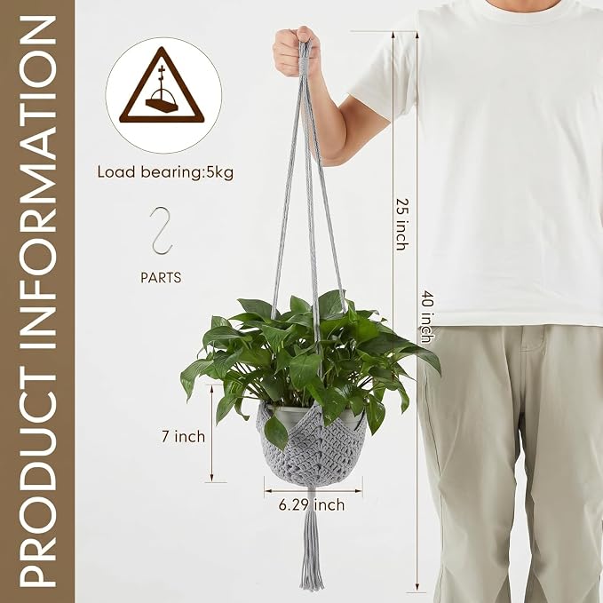 Shappy 1 Pack Boho Macrame Plant Hanger, Large Hanging Planter Plant Holder Pot Hanger Hanging Basket Wall Planters, Plants Lover Gift for Indoor Garden (Classic,Grey)