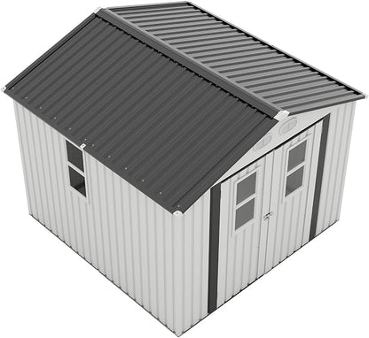 PVWIIK 8x8 ft Metal Outdoor Storage Shed with 4 Window, Lockable Waterproof All-Weather Utility Shed for Garden Tools & Trash Bins, White