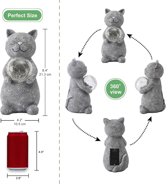 Solar Cat Statue Garden Decor - Cat Lover Gifts, with Gazing Solar LED Lights Ball Cats Decoration for Garden Yard Patio Lawn Balcony - Gifts for Mom Grandma (Gray)