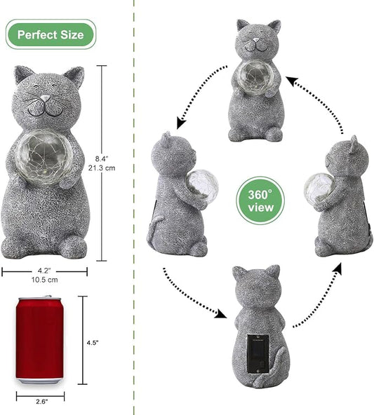 Solar Cat Statue Garden Decor - Cat Lover Gifts, with Gazing Solar LED Lights Ball Cats Decoration for Garden Yard Patio Lawn Balcony - Gifts for Mom Grandma (Gray)