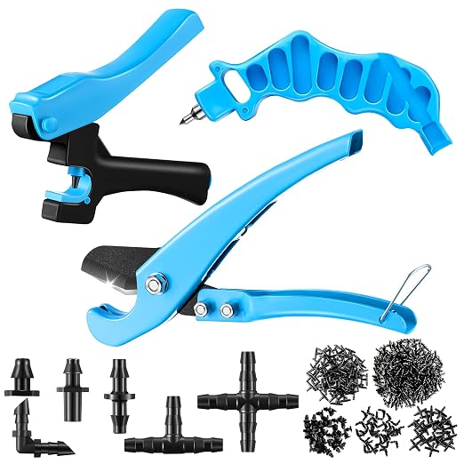 Feekoon Drip Irrigation Hole Punch Tool, 2 in 1 Drip Tubing Punch and Fitting Insertion Tool for 1/4 Inch Emitters, 16 20 25mm PE Pipe, Garden Repair(Blue,345 Irrigation Plugs)