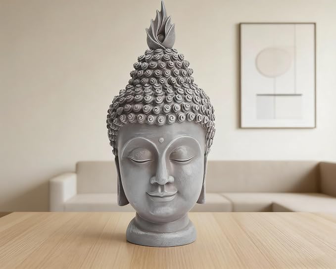 Buddha Head Statue Zen Meditation Decoration, 11 inch Resin Stone Gray Buddha Head Statue for Buddhist Spiritual Altar Decoration Buddhism Gifts