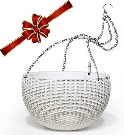 Dexceder 13.5 Inch Self Watering Hanging Planter (White) | Thickened Large Hanging Basket Flower Plant Pot with Water Level Indicator Indoor Outdoor