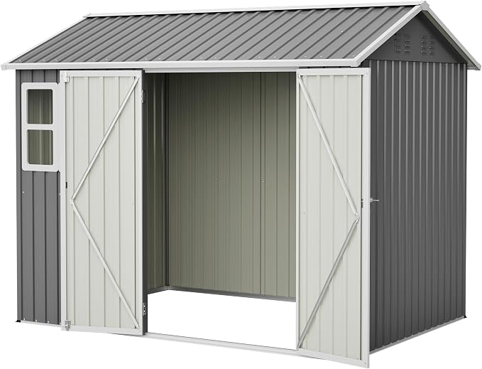 PVWIIK 8x6 FT Outdoor Storage Shed Metal, Heavy Duty Waterproof Steel Garden Tool Shed with Lockable Doors, Utility Storage Building for Backyard Patio Lawn Garden, Grey