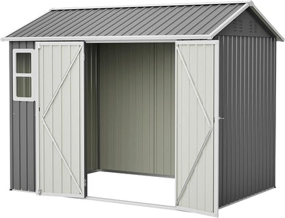 PVWIIK 8x6 FT Outdoor Storage Shed Metal, Heavy Duty Waterproof Steel Garden Tool Shed with Lockable Doors, Utility Storage Building for Backyard Patio Lawn Garden, Grey