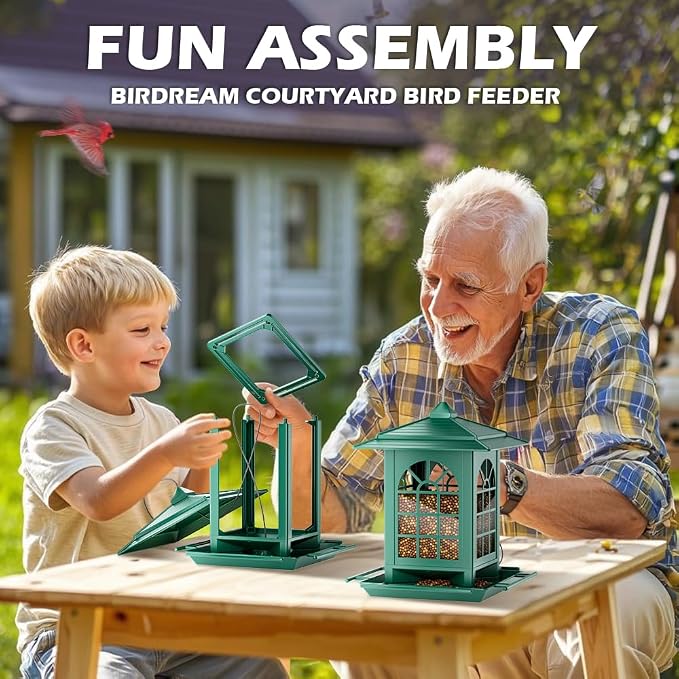 Birdream Bird Feeders for Outdoor Hanging, Assembly Required, 1-Min Easy Setup, Classic Courtyard Design, Attracting Cardinals Chickadees Goldfinches & Sparrows - Green