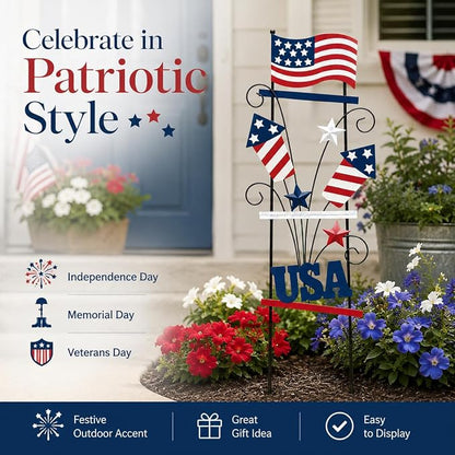4th of July Decorations Outdoor, 30 Inch Metal Patriotic Garden Stakes, USA Yard Sign with American Flag, Red White and Blue Yard Decorations for Memorial Day Lawn Porch