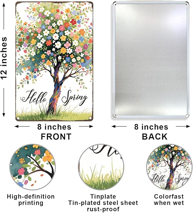 Vintage Spring Metal Tin Sign Wall Decor,Hello Spring Sign Wall Art for Home Porch Garden Yard Indoor Outdoor Wall Decor